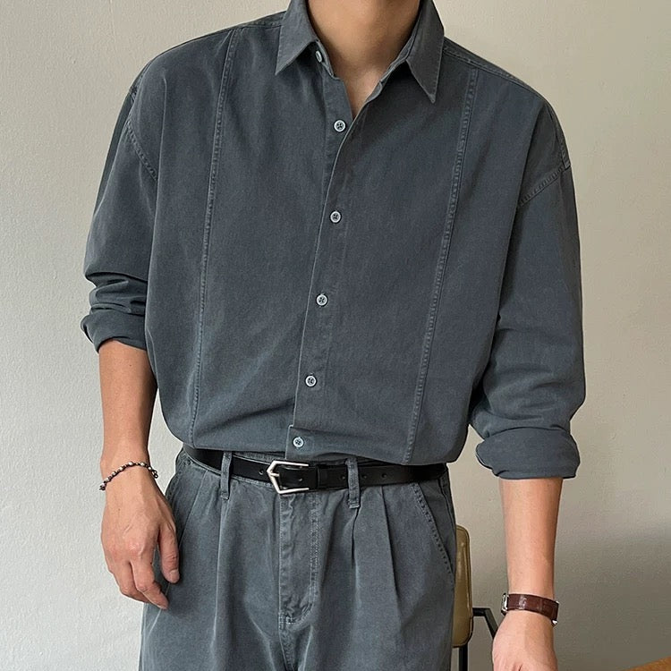 S0284 Korean retro washed casual shirt men's spring loose long-sleeved shirt