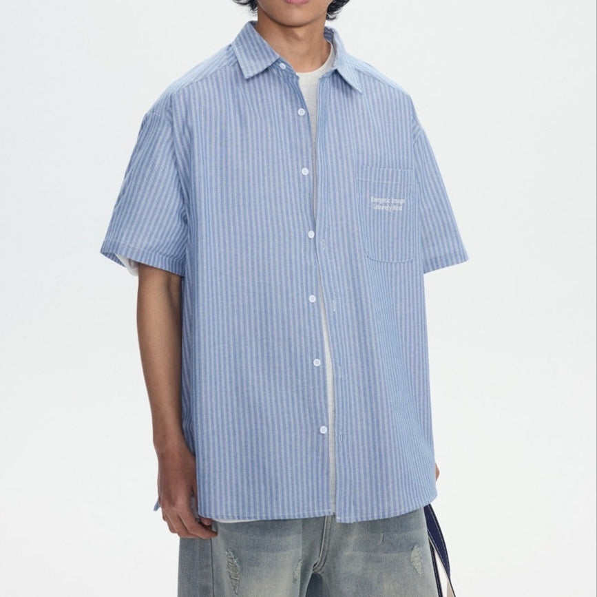 S0286 Japanese cityboy striped workwear short-sleeved shirt
