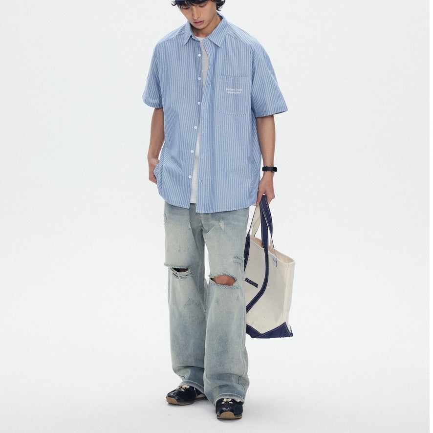S0286 Japanese cityboy striped workwear short-sleeved shirt