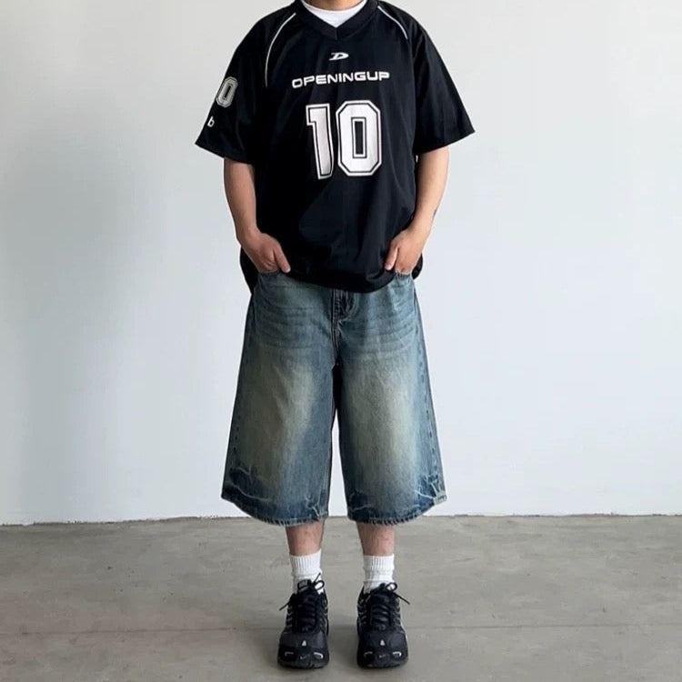 S0291 American street retro jersey short-sleeved loose casual v-neck top