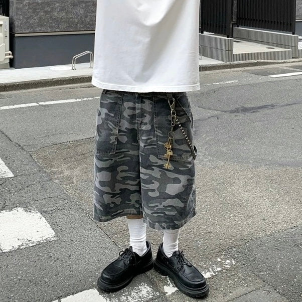 P0143 American street fashion brand loose washed camouflage shorts men's mid-length pants
