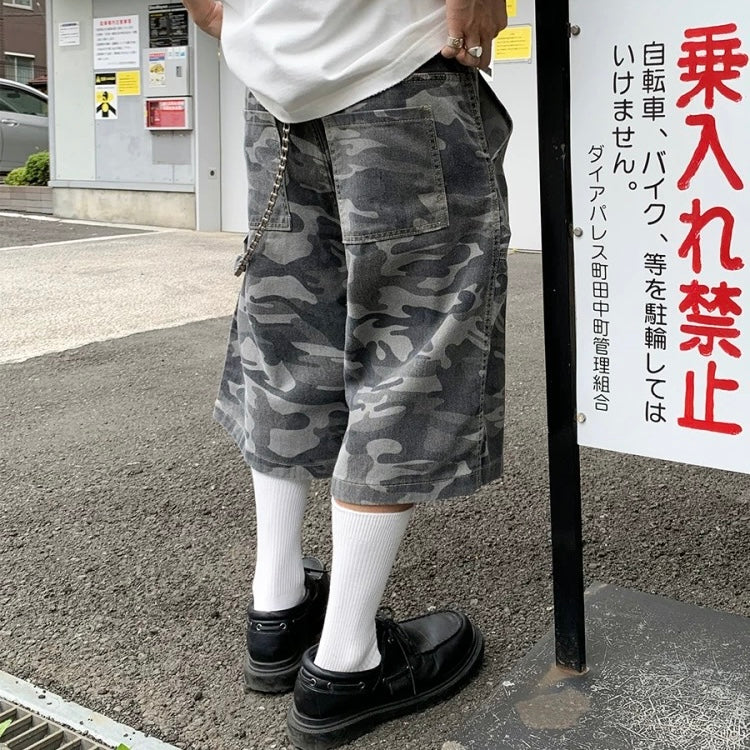 P0143 American street fashion brand loose washed camouflage shorts men's mid-length pants
