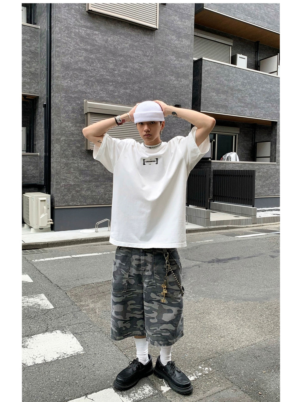 P0143 American street fashion brand loose washed camouflage shorts men's mid-length pants