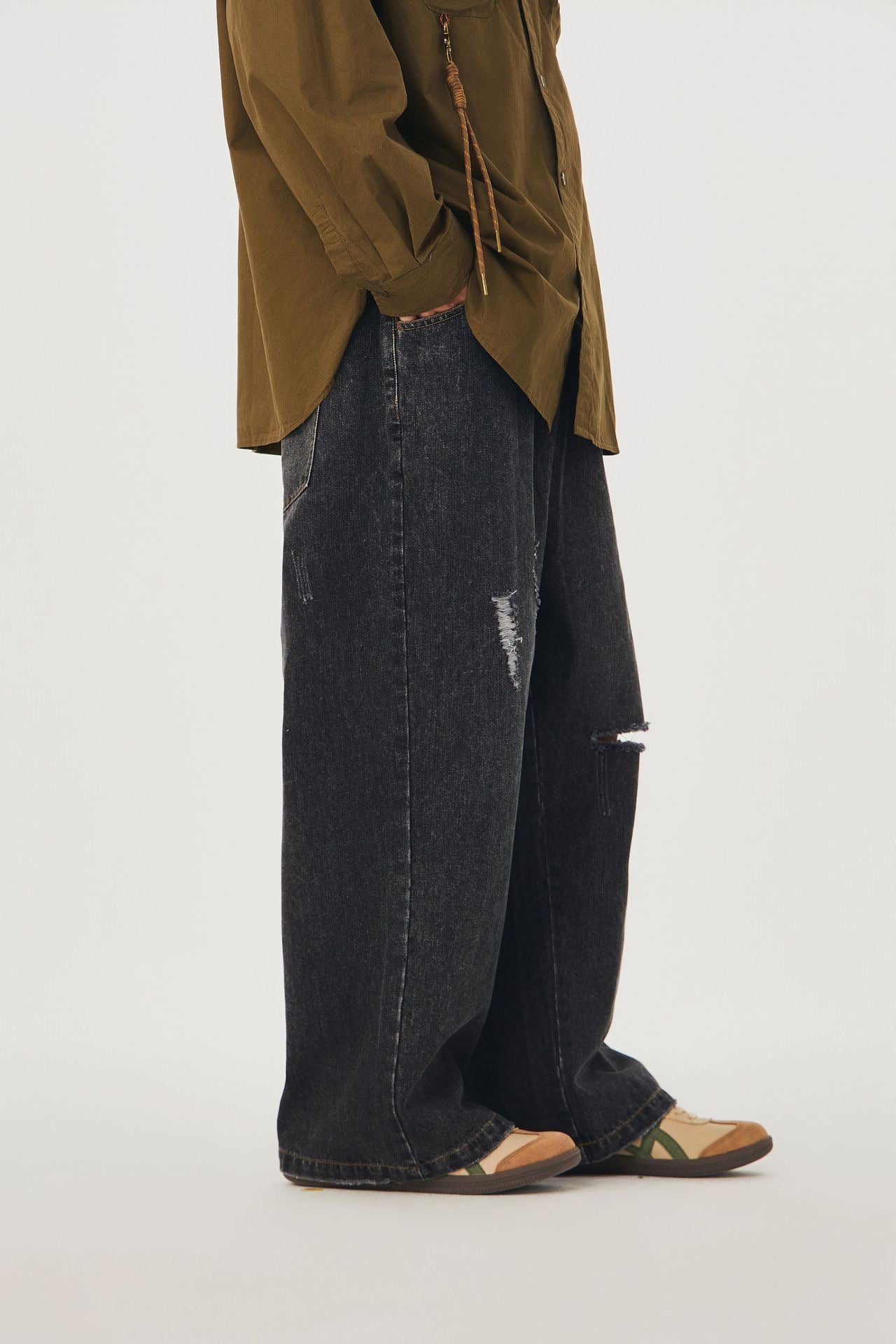P0146 America style retro washed old knife cut hole jeans men's loose straight pants