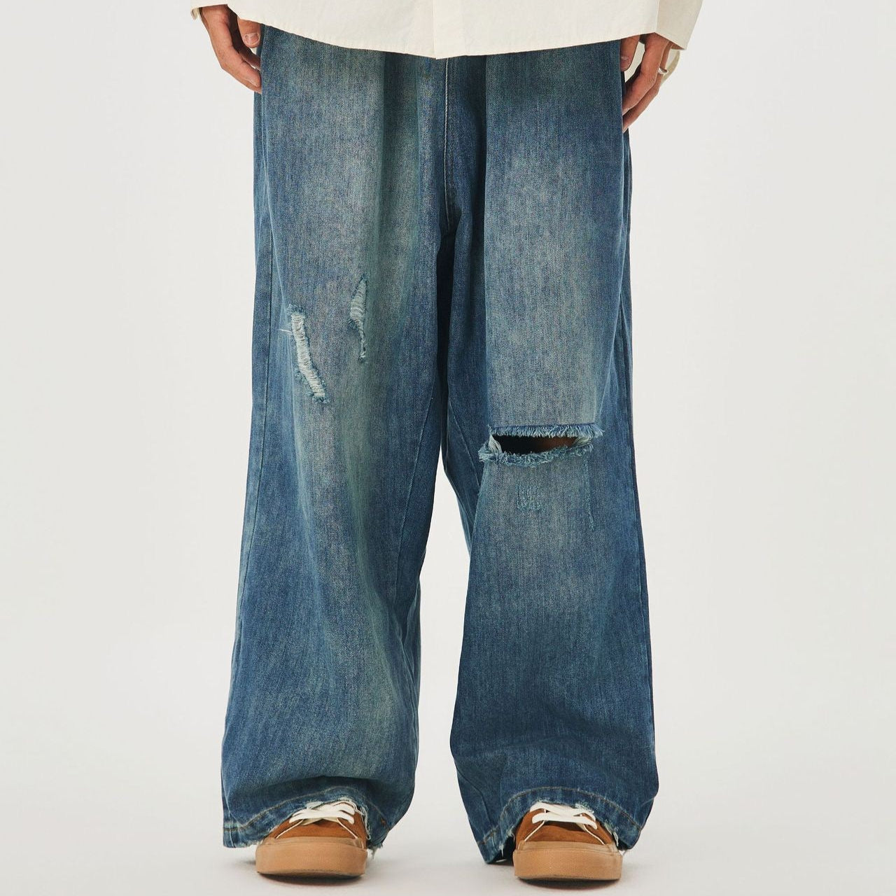 P0146 America style retro washed old knife cut hole jeans men's loose straight pants