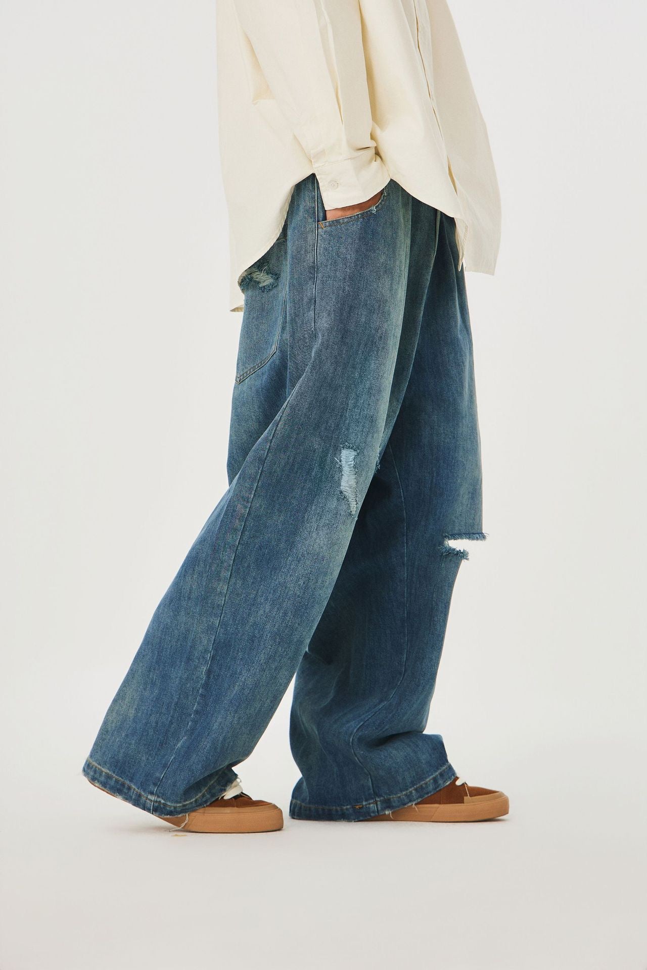 P0146 America style retro washed old knife cut hole jeans men's loose straight pants