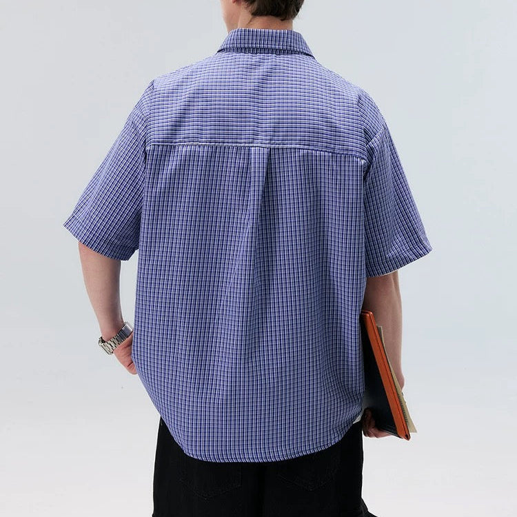 S0294 Japanese Fashion Brand Blue Plaid Shirt Men's Loose Short Sleeve Shirt