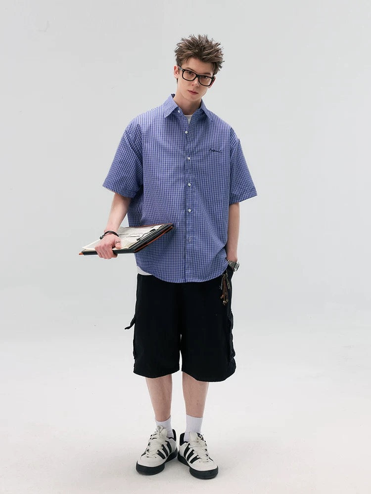 S0294 Japanese Fashion Brand Blue Plaid Shirt Men's Loose Short Sleeve Shirt