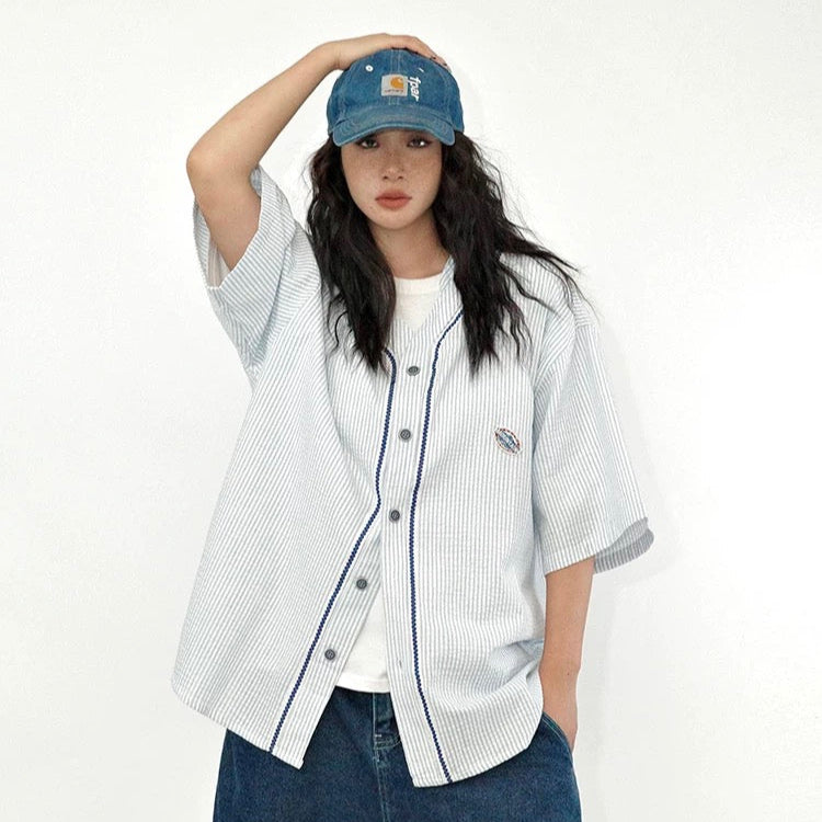 S0298 STAFFPICK American retro fashion loose short-sleeved striped baseball Shirts