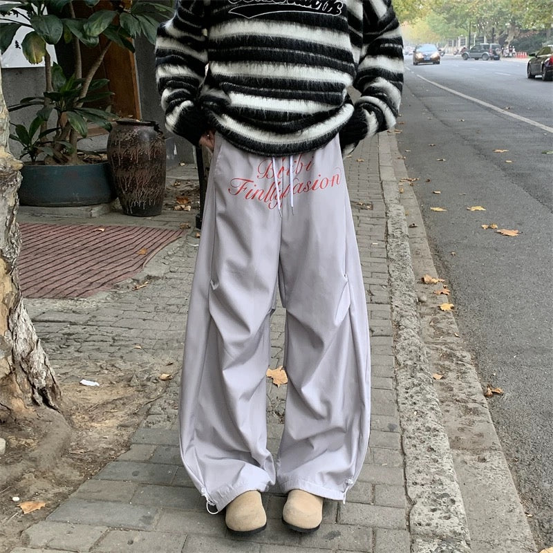 P0149 American Letter Printed Pleated Loose Leg Scimitar Cargo Pants
