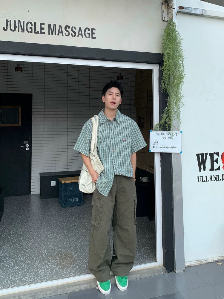 S0302 Japanese loose casual plaid short-sleeved shirt