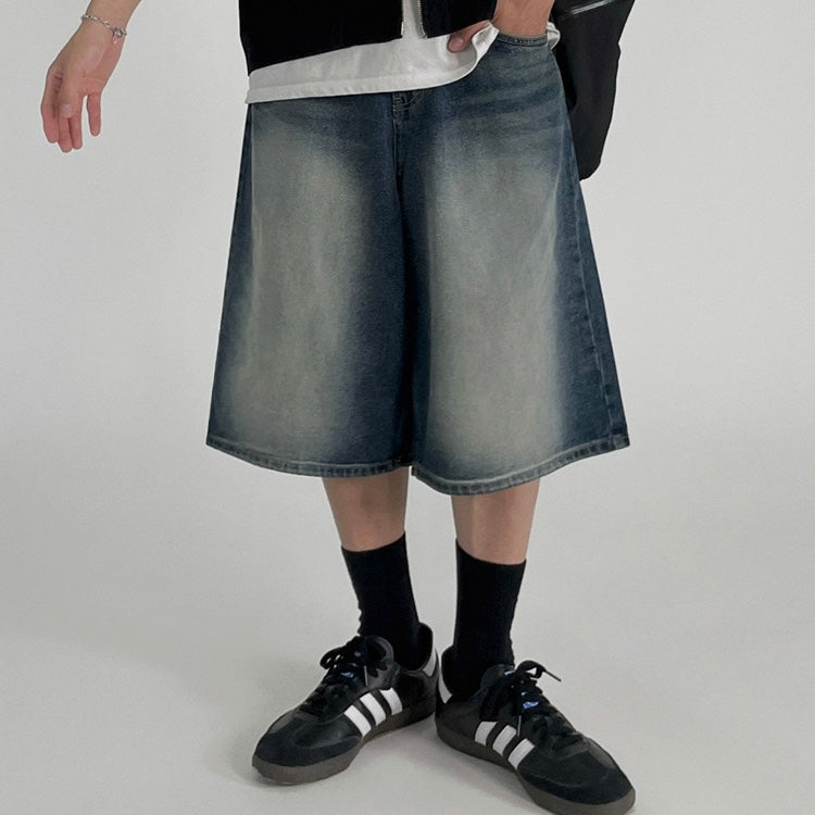 P0151 American Retro Washed Loose Casual Mid-Length Denim Pants