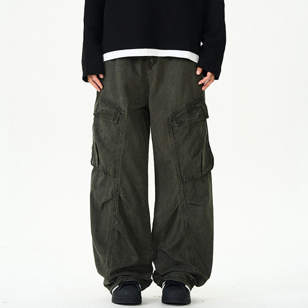 P0152 America Style Retro Washed Multi-Pocket Wide-Leg Casual Cargo Pants