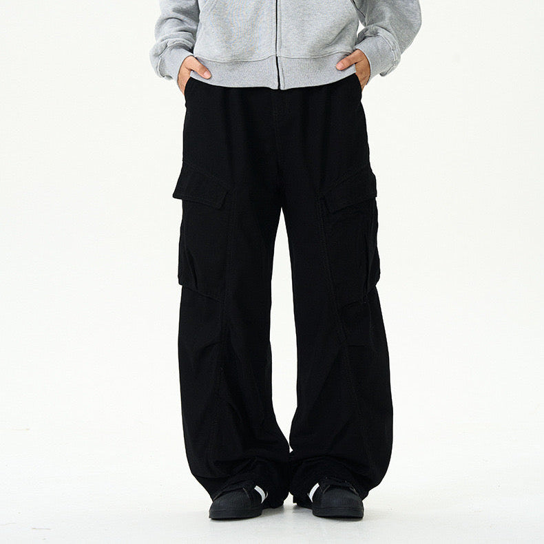 P0152 America Style Retro Washed Multi-Pocket Wide-Leg Casual Cargo Pants