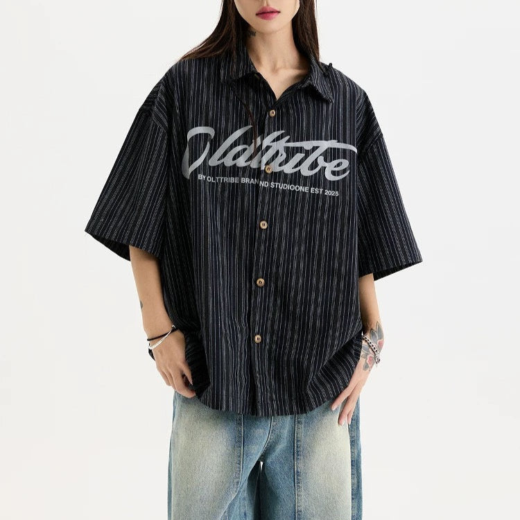 S0310 American retro letter print vertical stripes short-sleeved shirt