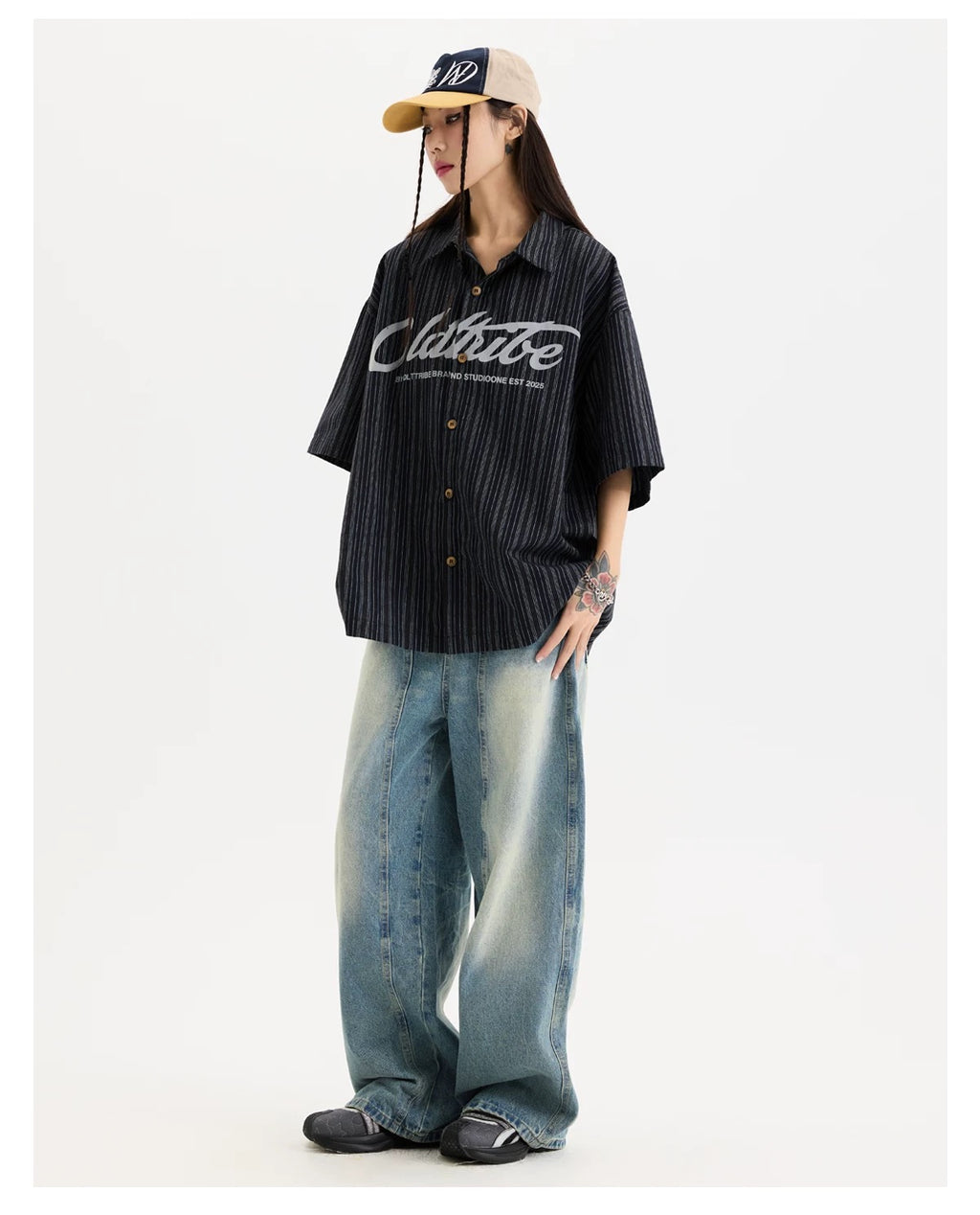 S0310 American retro letter print vertical stripes short-sleeved shirt