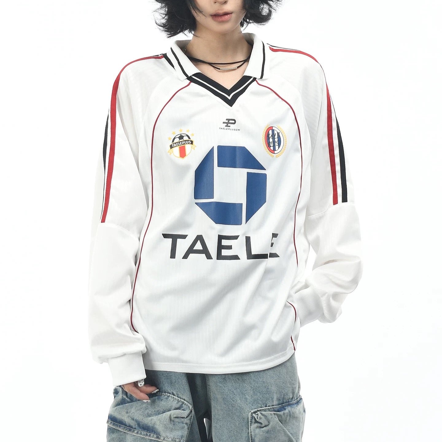 S0316 American Retro Printed V-neck Raglan Long Sleeve Jersey