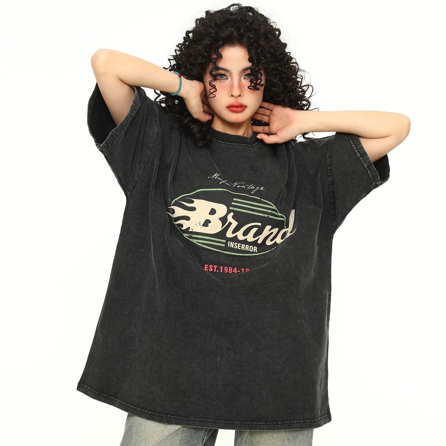 S0317 American retro washed distressed short-sleeved T-shirt