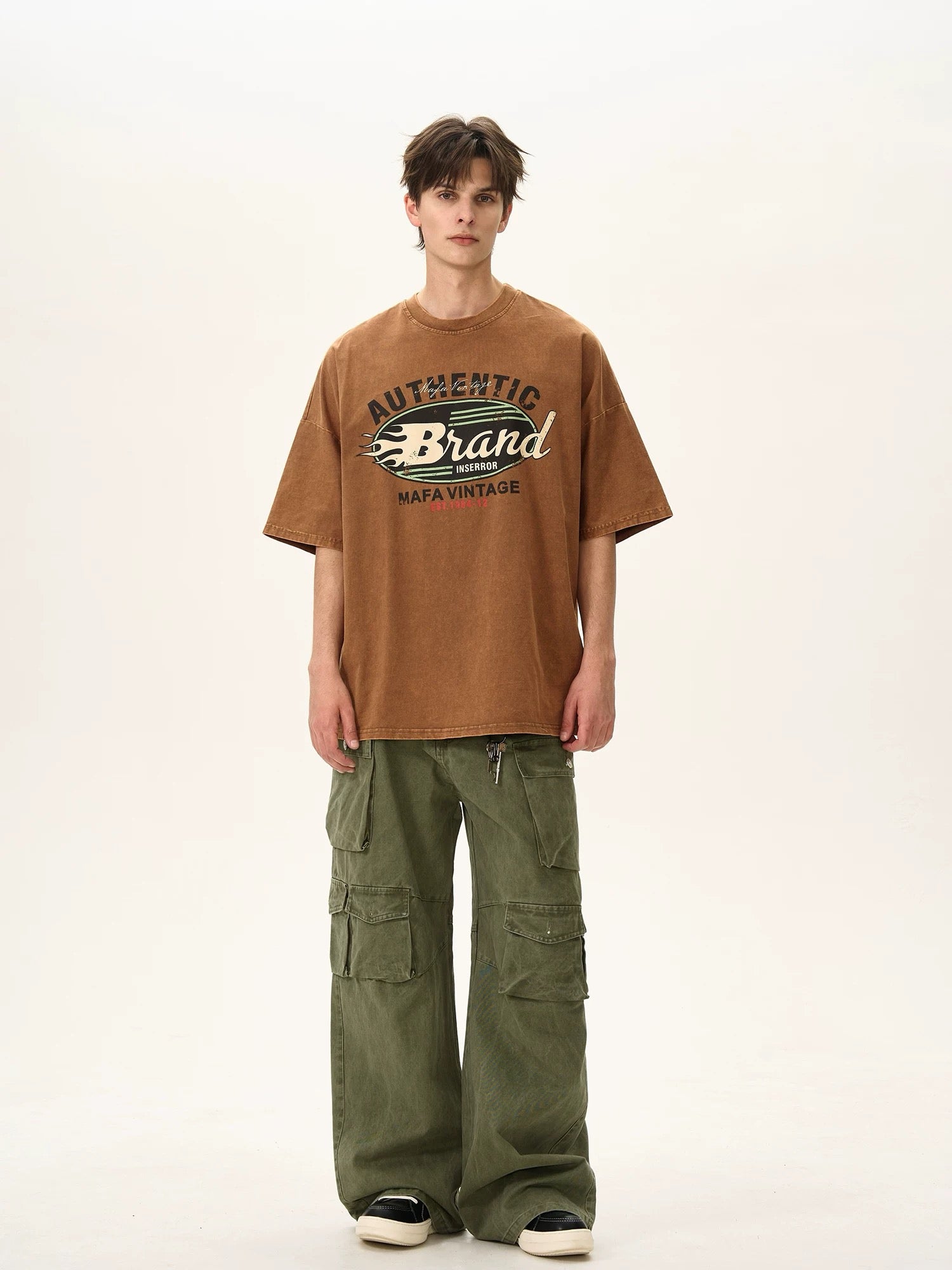 S0317 American retro washed distressed short-sleeved T-shirt