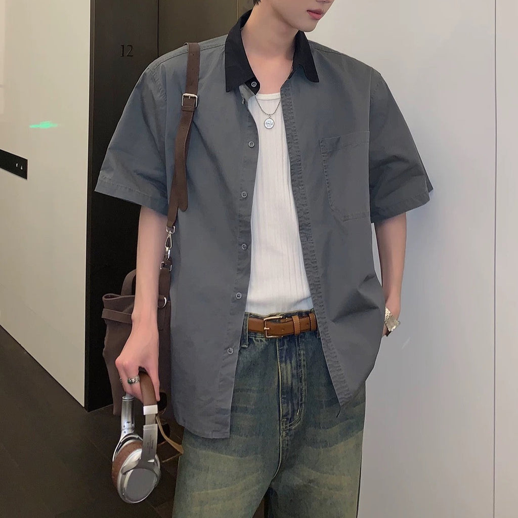 S0318 Japanese Retro Gender-neutral Style Contrast Pocket Lapel Shirt