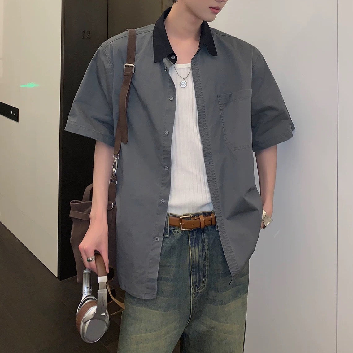 S0318 Japanese Retro Gender-neutral Style Contrast Pocket Lapel Shirt
