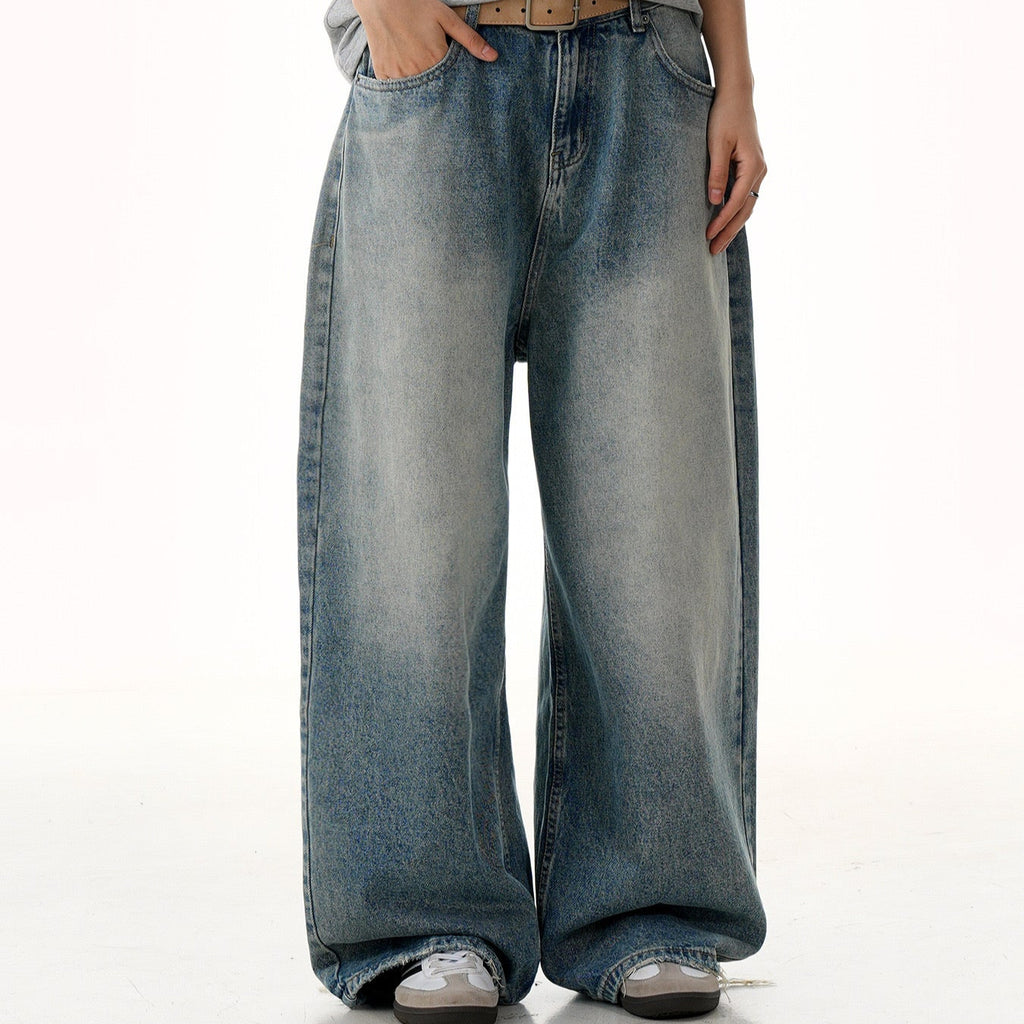 P0161 American style washed blue wide-leg slim three-dimensional oversize jeans