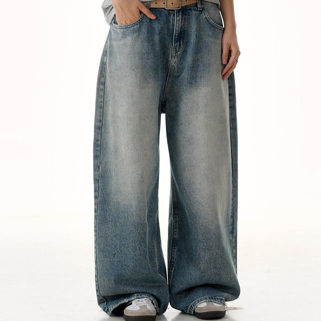 P0161 American style washed blue wide-leg slim three-dimensional oversize jeans