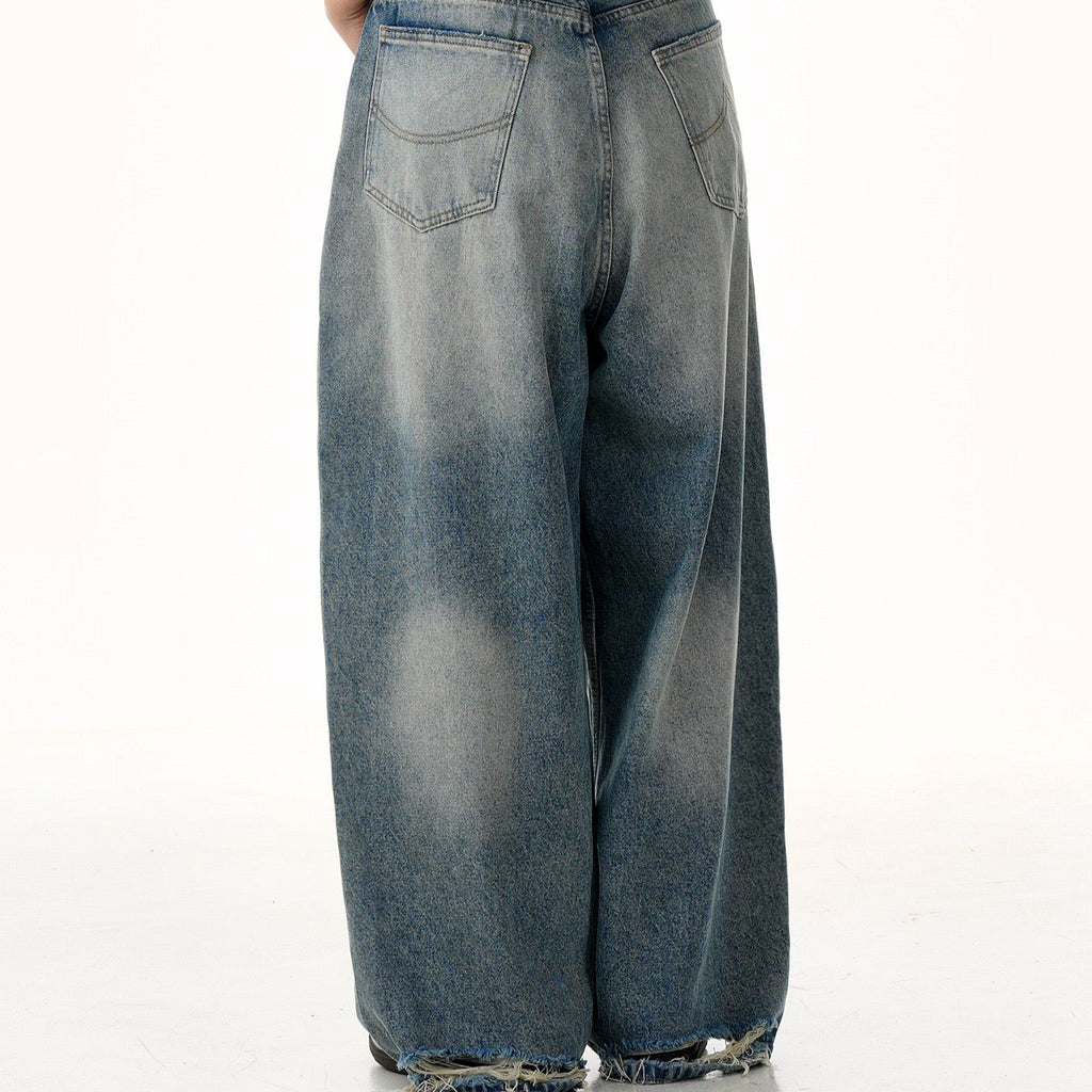 P0161 American style washed blue wide-leg slim three-dimensional oversize jeans
