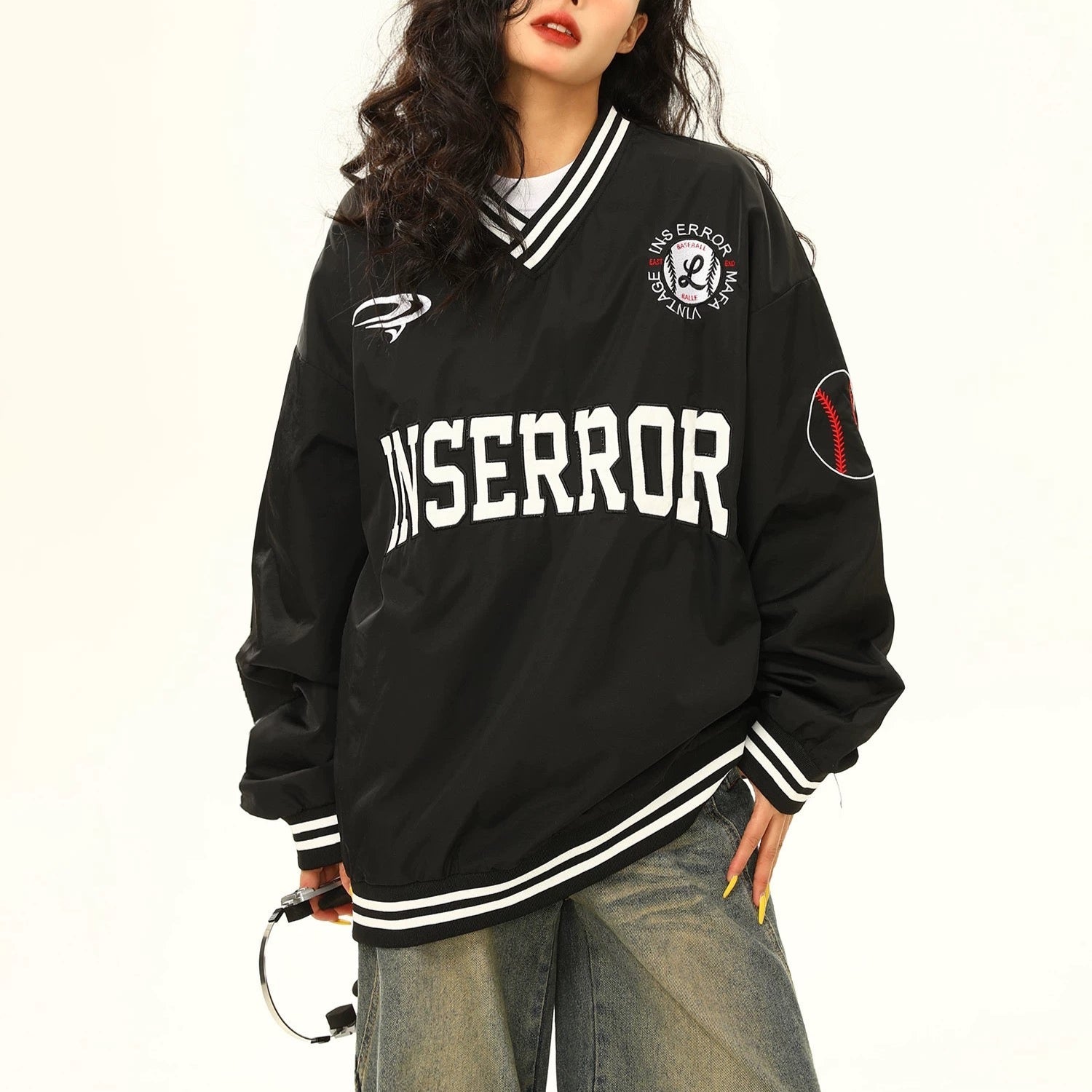 S0326 American style letter embroidered v-neck pullover sports baseball jacket sweater