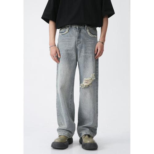 P0010 Straight American Trend Destroyed Denim Trousers