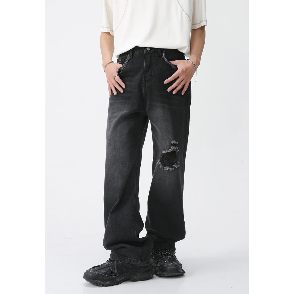 P0010 Straight American Trend Destroyed Denim Trousers