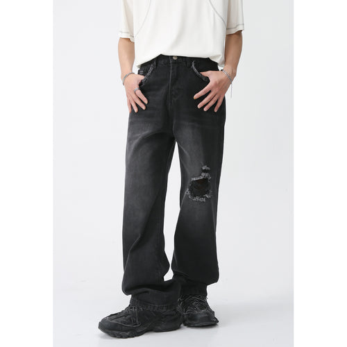 P0010 Straight American Trend Destroyed Denim Trousers