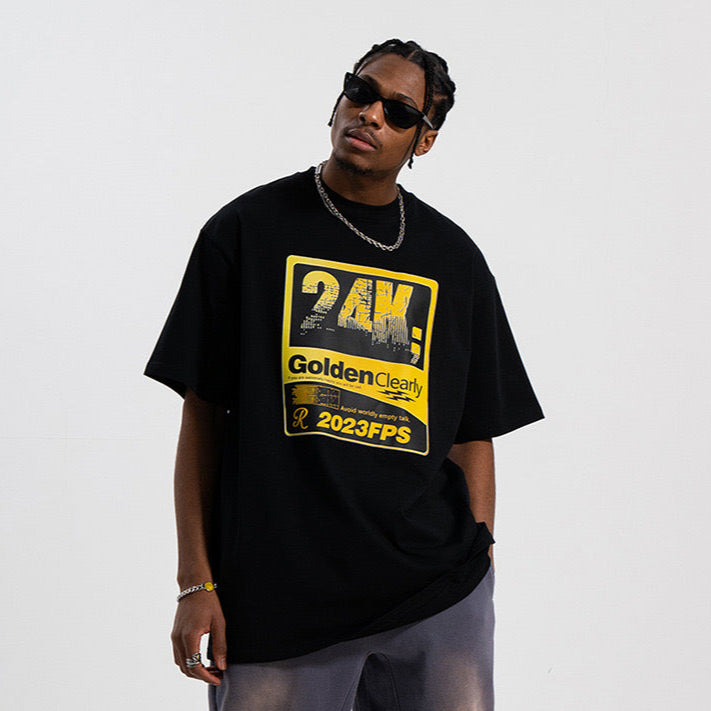 S0077 American Retro Gold Retro Print Double Yarn Heavy Drop Shoulder Loose T-Shirt