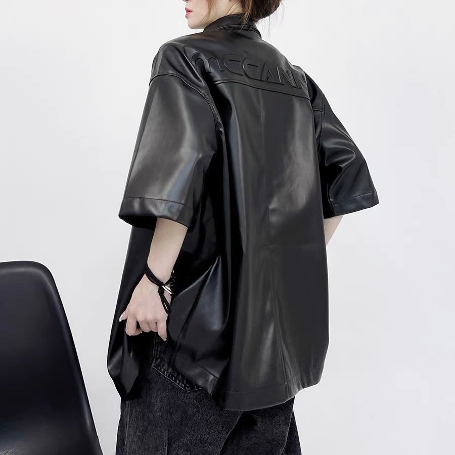 S0106 American vintage leather Oversize short shirt