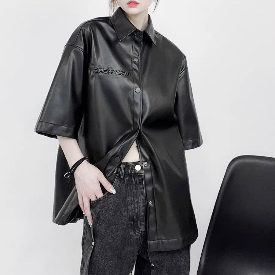 S0106 American vintage leather Oversize short shirt