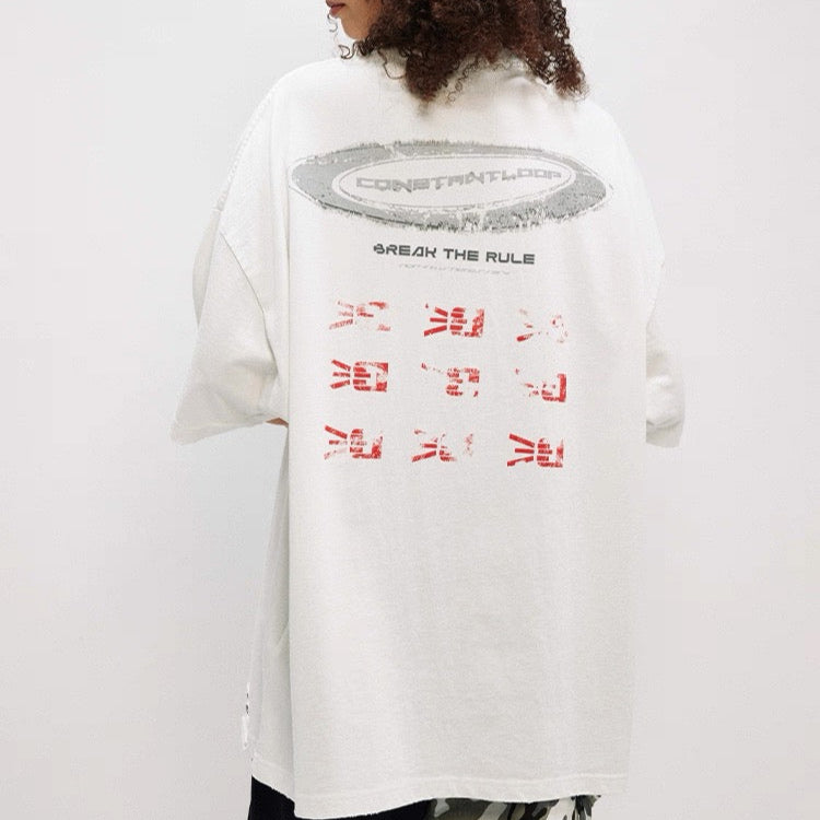 S0107 American retro uloose letter print loose cotton T-shirt