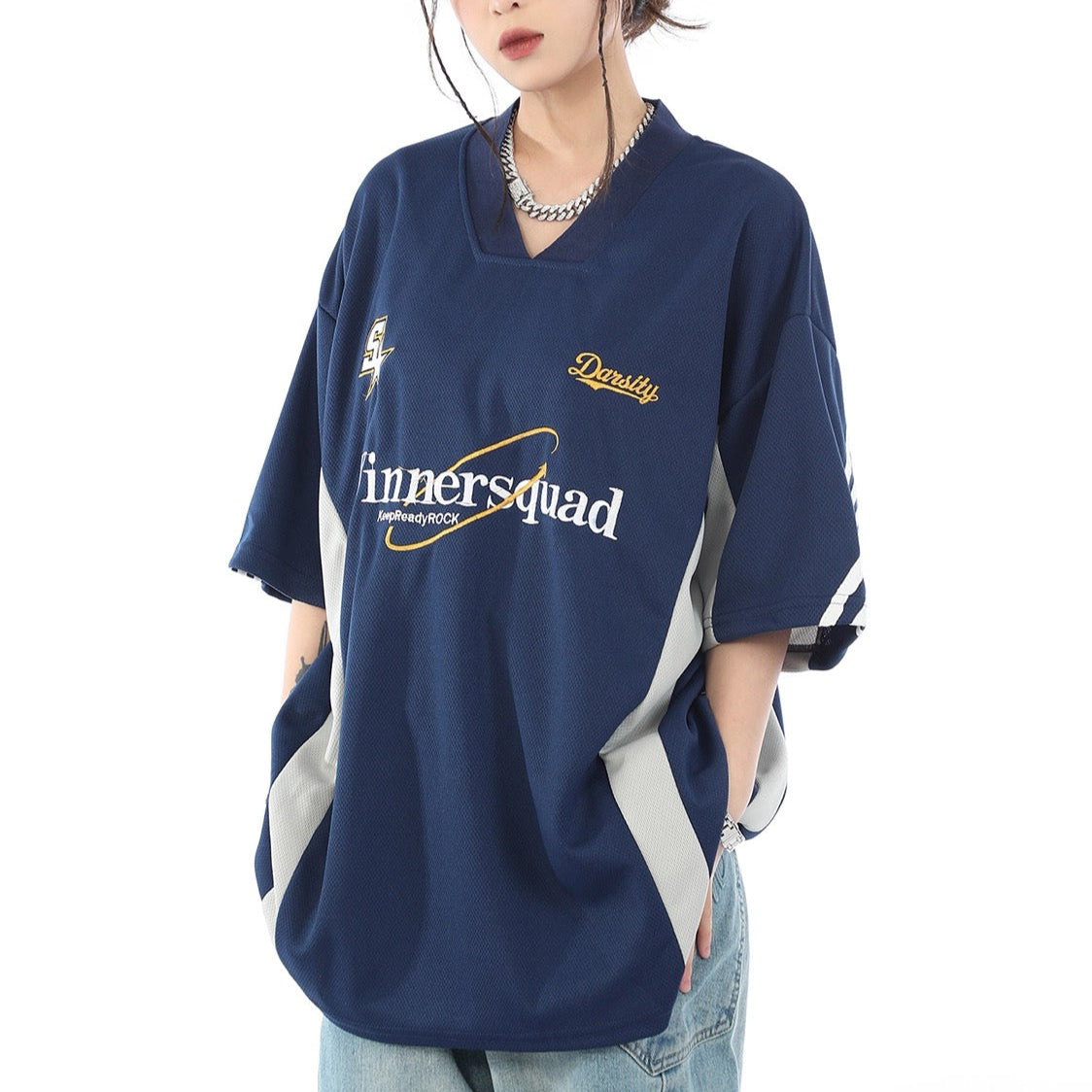 S0113 Volkswagen contrasting color cut V-neck sports short-sleeved T-shirt