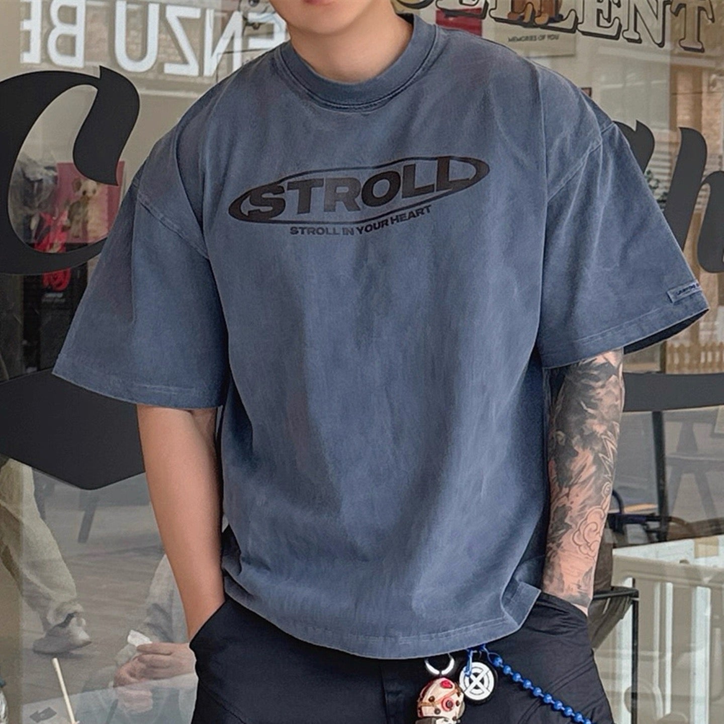 S0133 American retro distressed printed loose short-sleeved T-shirt