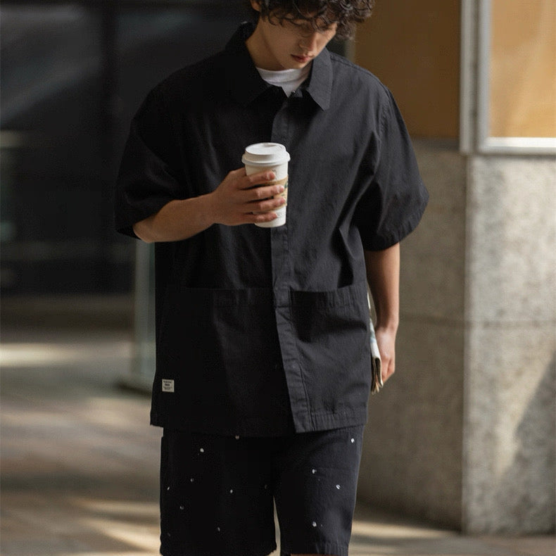 S0138 American retro solid color workwear short-sleeved shirt