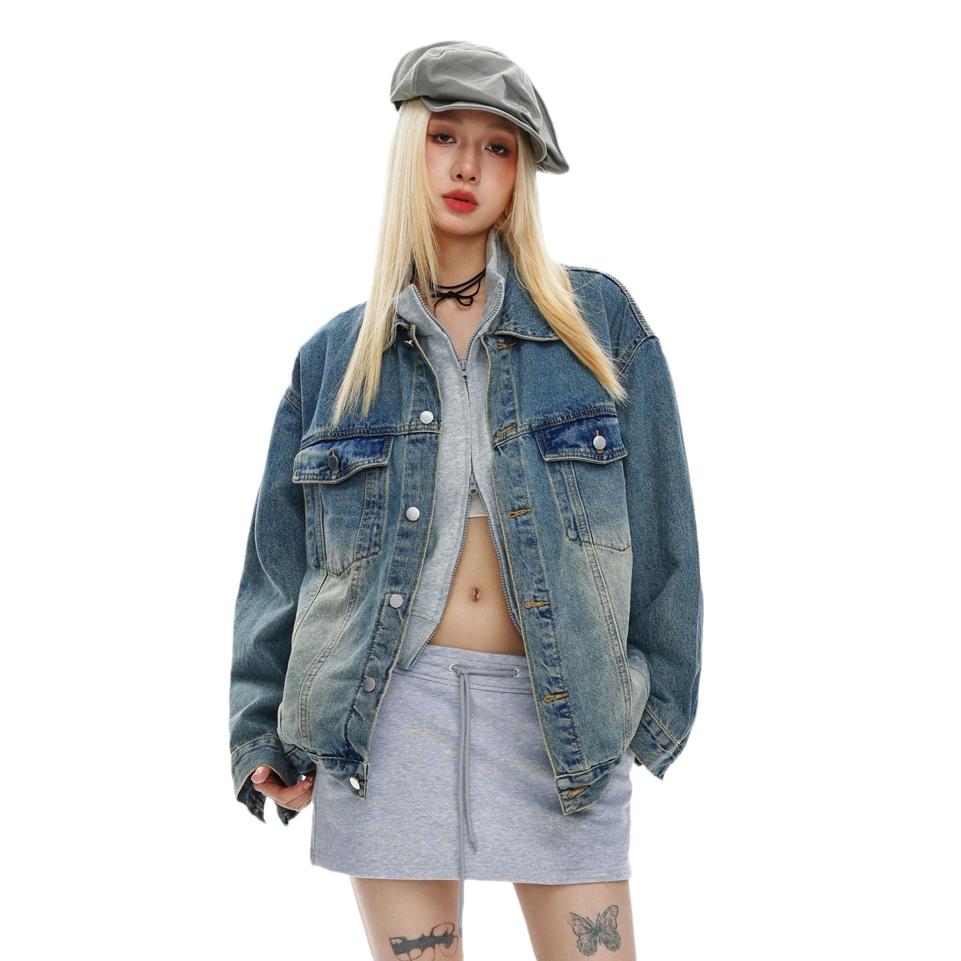 S0146 American retro distressed loose trendy denim jacket UNISEX