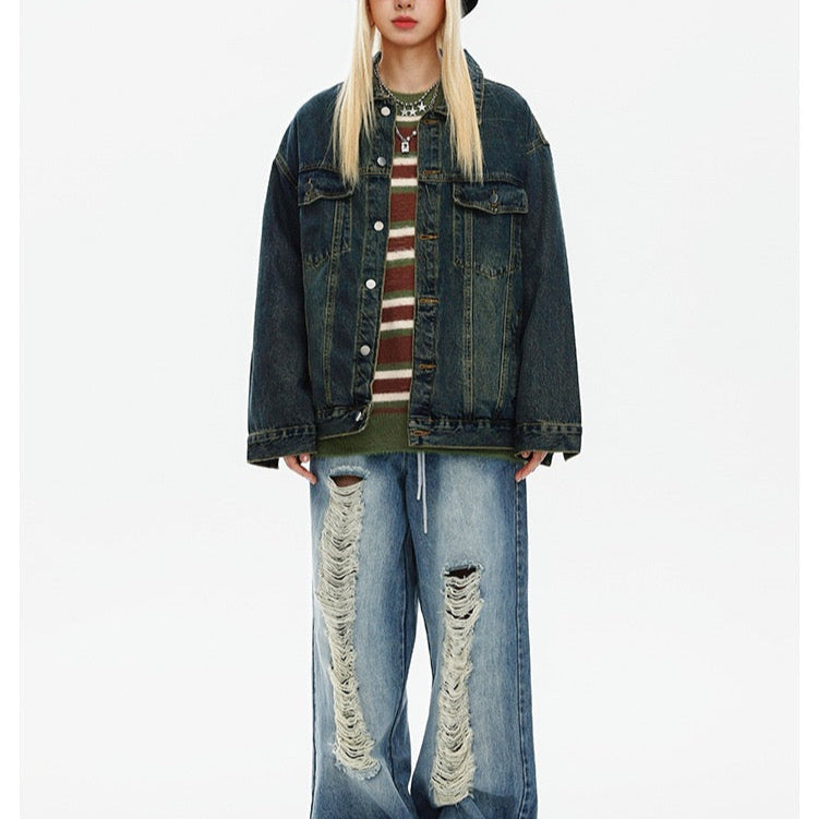 S0146 American retro distressed loose trendy denim jacket UNISEX