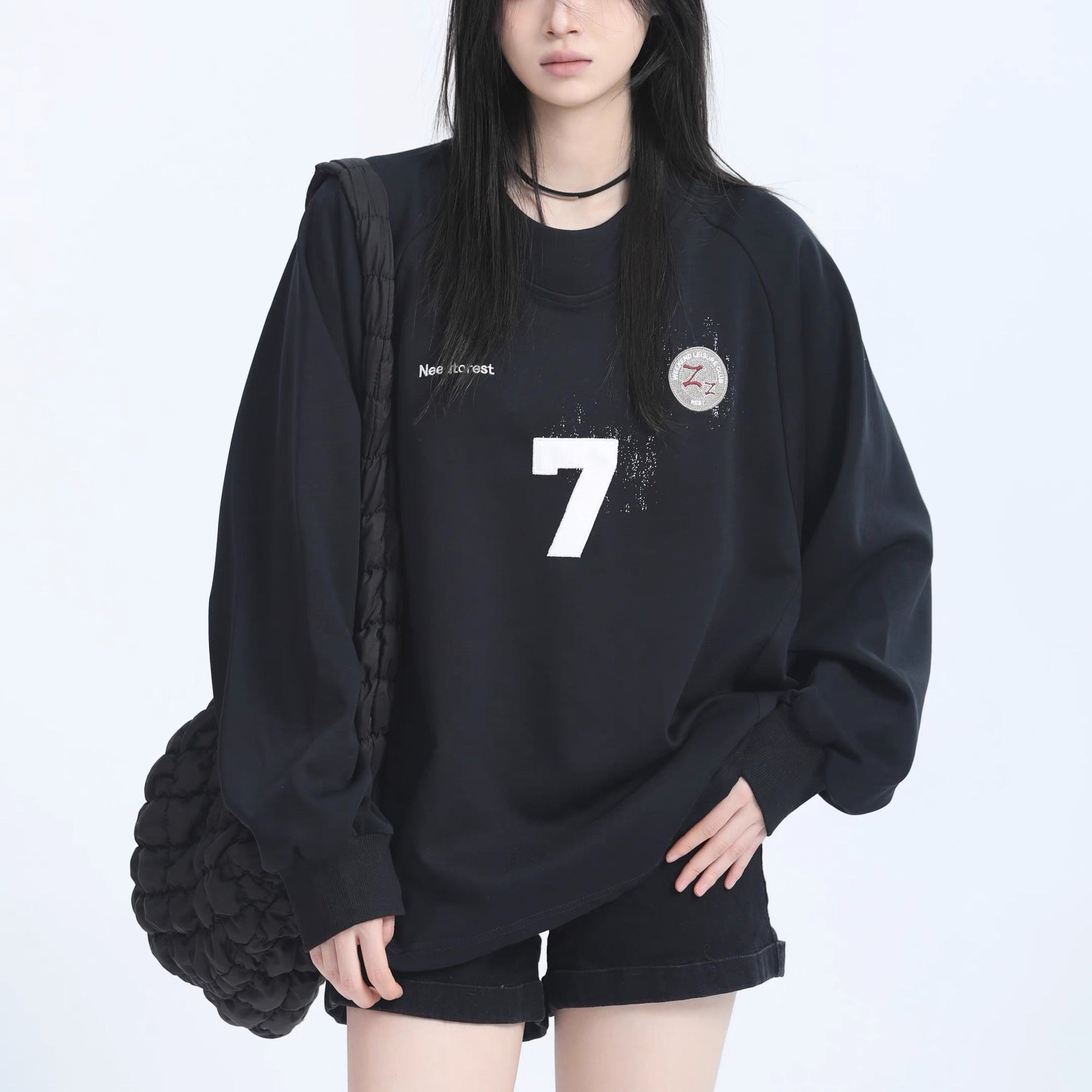 S0192 American Style Vintage No 7 Print oversized Long- Sleeve sweatshirt