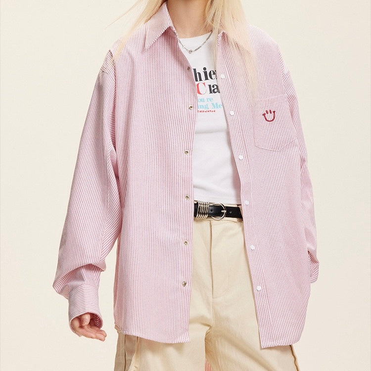 S0194 American Style Vintage Sime Design oversized Long- Sleeve Line Shirt