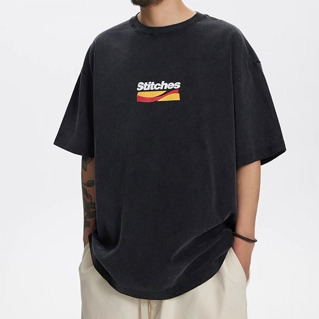 S0217 Japanese retro 320g heavy foam color printed washed round neck T-shirt