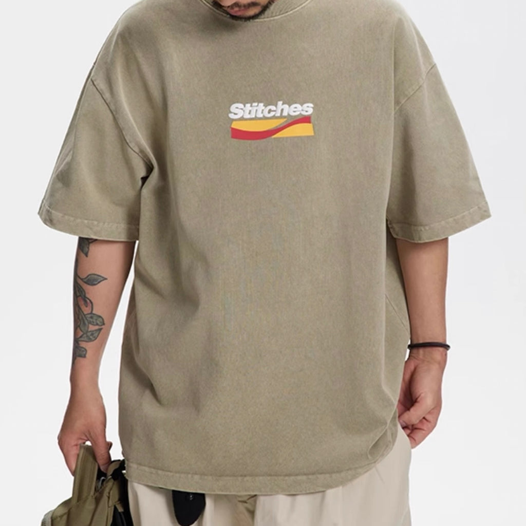 S0217 Japanese retro 320g heavy foam color printed washed round neck T-shirt