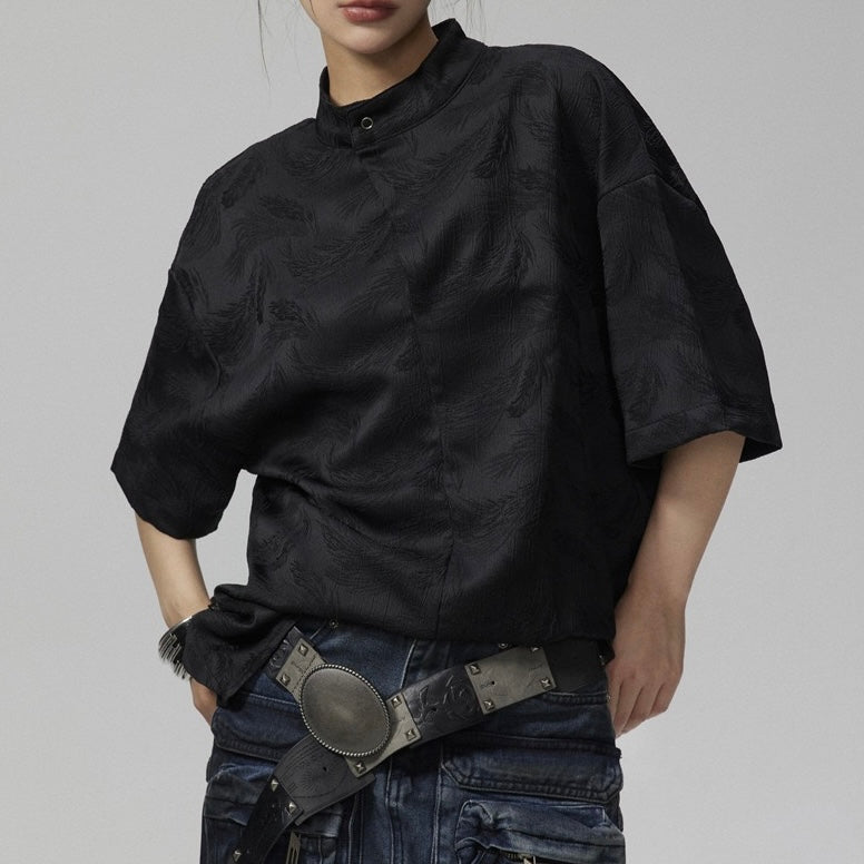 S0228 New Chinese style stand collar embroidered oversize short sleeve shirt