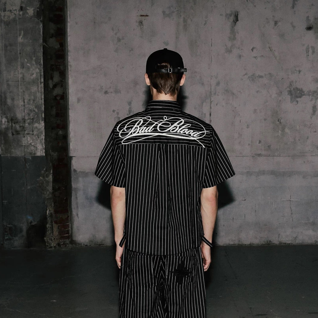 S0322 Badblood American retro lapel striped short-sleeved shirt unisex