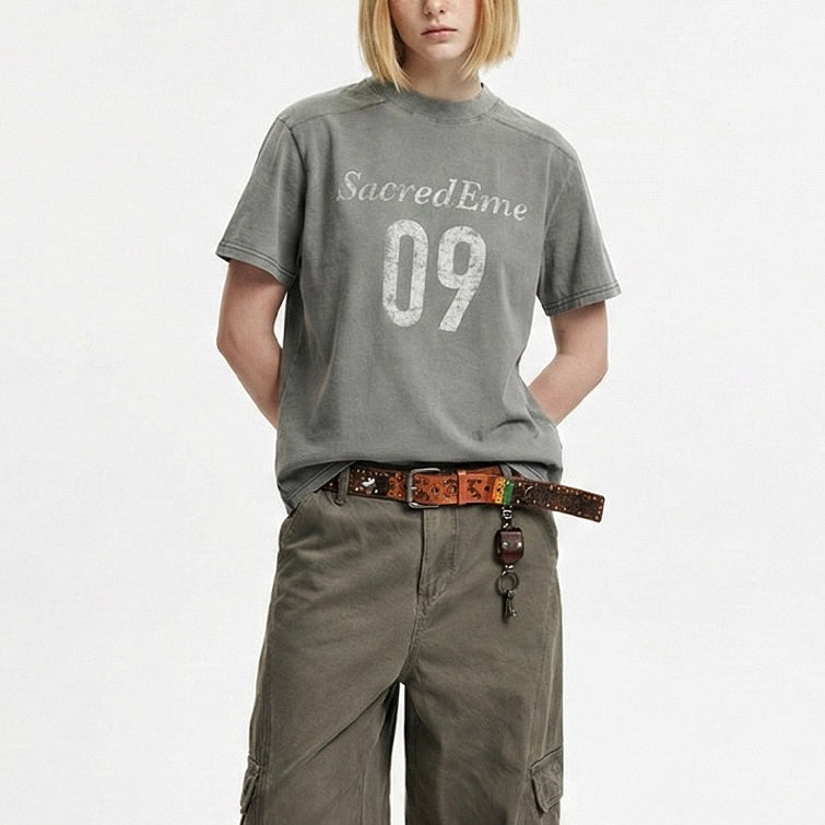 S0435 American Retro Washed Distressed Print Crew Neck Design Oversized Straight Shoulder Boxyfit Short Sleeve T-Shirt