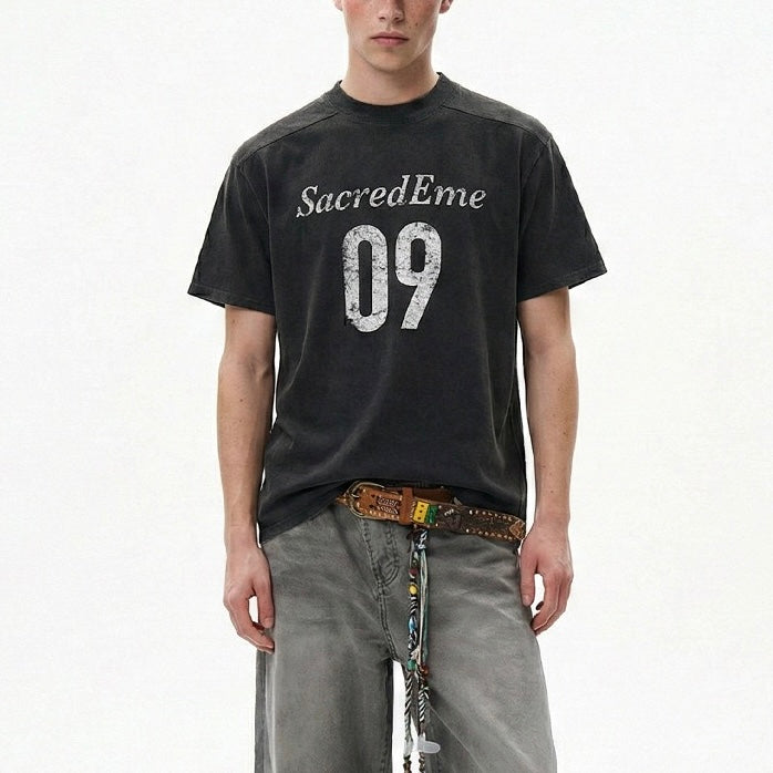 S0435 American Retro Washed Distressed Print Crew Neck Design Oversized Straight Shoulder Boxyfit Short Sleeve T-Shirt