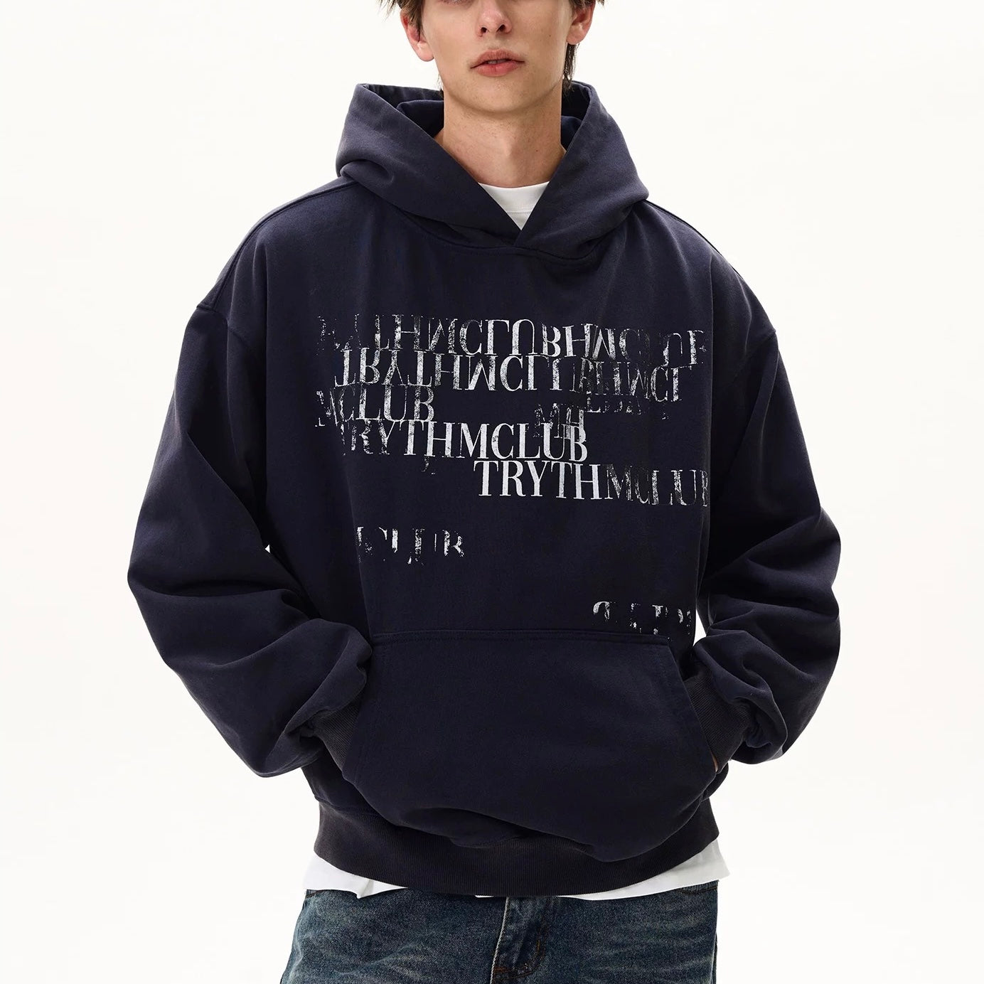 S0452 American Retro Gradient Slogan Letter Print Distressed Hooded Sweatshirt